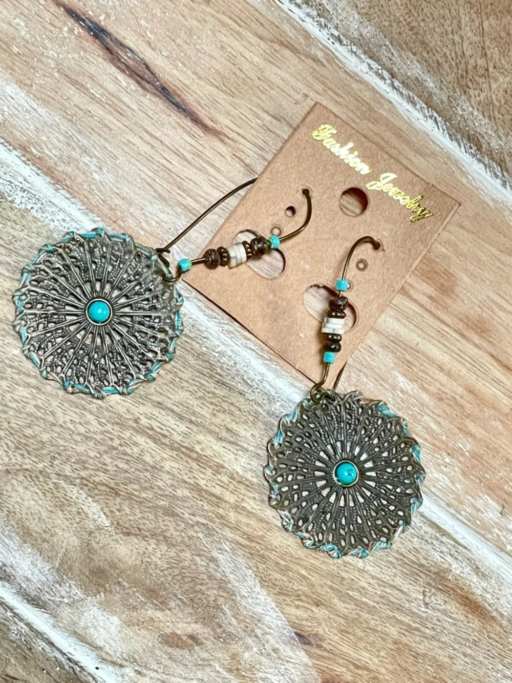 Fashion Jewelry Turquoise and Antique Gold Filigree Disc Earrings